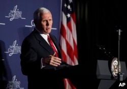 Vice President Mike Pence speaks to the Latino Coalition's "Make Small Business Great Again Policy Summit" in Washington, March 9, 2017.