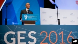 President Barack Obama speaks at the Global Entrepreneur Summit at Stanford University, in Palo Alto, Calif., June 24, 2016. Obama gave opening remarks on Britain voting to leave the 28-nation European Union. 
