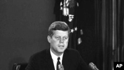 President John F. Kennedy makes a national television speech October 22, 1962, from Washington. He announced a naval blockade of Cuba until Soviet missiles are removed. (AP Photo)