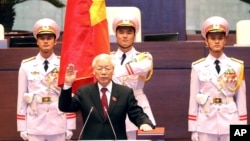 Vietnam's Communist Party General Secretary Nguyen Phu Trong is sworn in as the country's president in Hanoi, Vietnam, Oct. 23, 2018. 