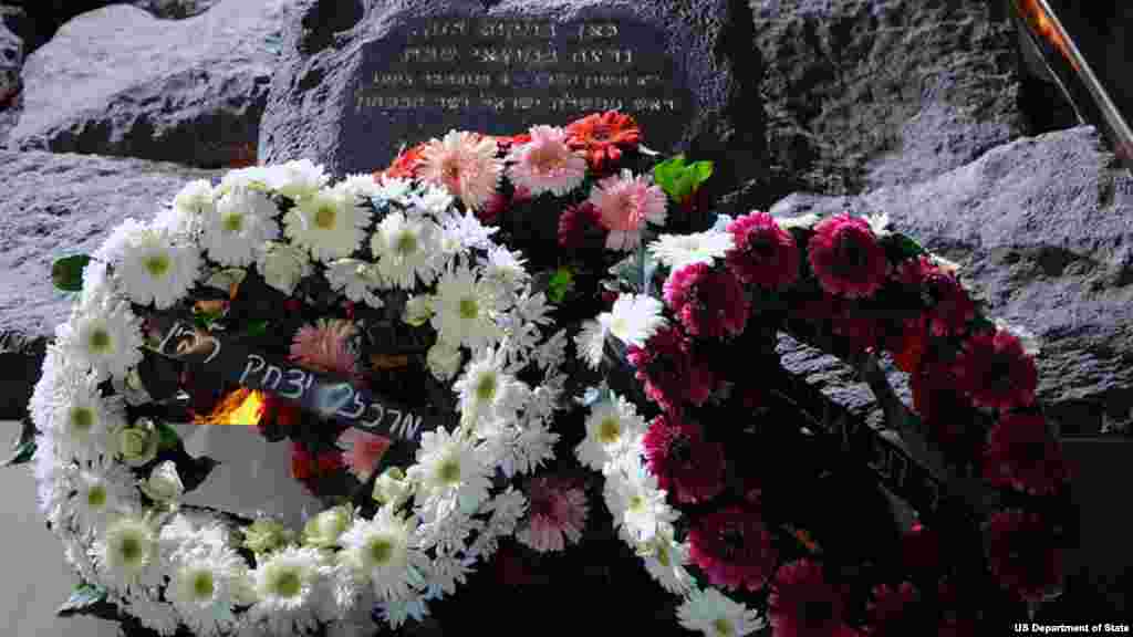 Wreaths adorn the memorial marking the site where former Israeli Prime Minister Yitzhak Rabin was assassinated in 1995, after U.S. Secretary of State John Kerry made a stop in Tel Aviv, Israel, on November 5, 2013.