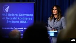 First lady Melania Trump speaks during a visit to Thomas Jefferson University Hospital in Philadelphia, Oct. 17, 2018.