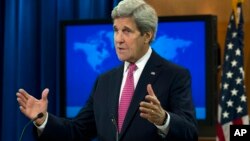 U.S. Secretary of State John Kerry presents the 2015 Country Reports on Human Rights Practices, at the State Department in Washington, April 13, 2016.