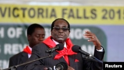 Zimbabwe President Robert Mugabe addresses people gathered for his 91st birthday celebration in Victoria Falls, Feb. 28, 2015. 