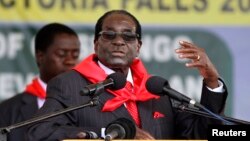 Zimbabwe President Robert Mugabe addresses people gathered for his 91st birthday celebration in Victoria Falls, Feb. 28, 2015. 