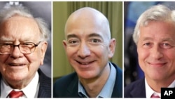 FILE- This combination of file photos from left shows Warren Buffett on Sept. 19, 2017, in New York, Jeff Bezos, CEO of Amazon.com, on Sept. 24, 2013, in Seattle and JP Morgan Chase Chairman and CEO Jamie Dimon on July 12, 2013, in New York.