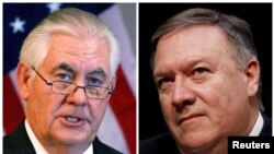 FILE - A combination photo shows U.S. Secretary of State Rex Tillerson (L) in Addis Ababa, Ethiopia, March 8, 2018, and Central Intelligence Agency (CIA) Director Mike Pompeo on Capitol Hill in Washington, Feb. 13, 2018 respectively.