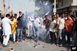 Members of the Bishnoi community celebrate the conviction of Bollywood star Salman Khan in the case of poaching rare blackbuck deer in a wildlife preserve two decades ago, in Jodhpur, Rajasthan state, India, April 5, 2018.