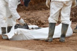 Forensic experts examine human remains at a mass grave in the village of Tomasica, near the Bosnian town of Prijedor, Oct. 31, 2013. Exhumations are currently underway at Koricani Cliffs, a nearby site.