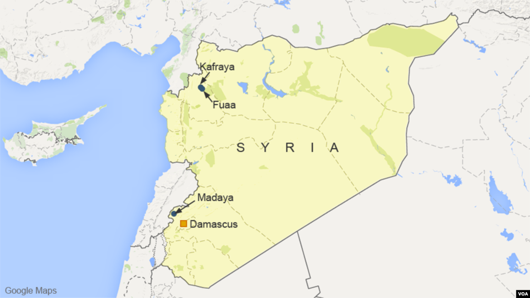 Locations of Fuaa, Kafraya, and Madaya, Syria