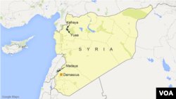 Map shows location of Fuaa, Kafraya, and Madaya, Syria
