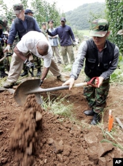 A member of South Korean, right, and U.S. recovery team dig to search for remains of U.S. soldiers killed during the 1950-53 Korean War at the Yeoncheon, north of Seoul, Aug. 11, 2006.
