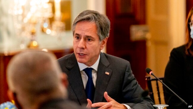 FILE - Secretary of State Antony Blinken speaks during a meeting at the State Department in Washington, Oct. 13, 2021.