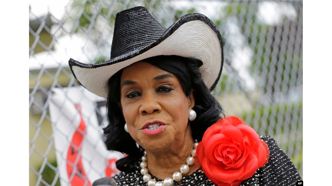 Rep. Frederica Wilson, D-Fla., talks to reporters in Miami Gardens, Fla., Oct. 18, 2017.
