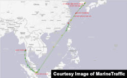 지난해 5월 31일부터 8월 25일 사이 '피 파이어니어 ' 호의 항적. 출항 당시 기록한 목적지 베트남이 아닌 미얀마와 싱가포르에 기항한 것을 알 수 있다. MarineTraffic 제공.
