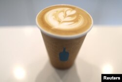 A cup of Blue Bottle coffee is seen in Los Angeles, California, Sept. 14, 2017.