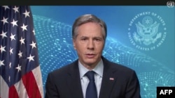 US Secretary of State Antony Blinken delivering a speech via video message during the 46th Regular Session of Human Rights Council on February 24, 2021 in Geneva.