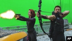 Scarlett Johansson and Jeremy Renner in a scene from "The Avengers"