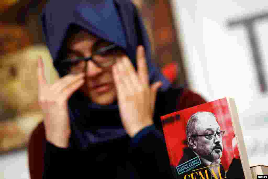 Hatice Cengiz, Turkish fiancee of slain Saudi journalist Jamal Khashoggi, attends a news conference to present a book on the slain journalist, in Istanbul, Turkey.