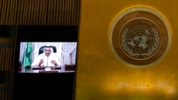 Saudi Arabia's King Salman bin Abdulaziz al-Saud via a prerecorded statement, addresses the 76th Session of the U.N. General Assembly at United Nations headquarters in New York, Sept. 22, 2021.