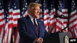 US President Donald Trump delivers his acceptance speech for the Republican Party nomination for reelection during the final day of the Republican National Convention from the South Lawn of the White House on August 27, 2020 in Washington, DC.