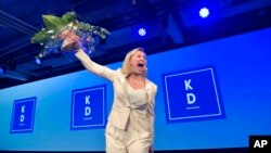 The Christian Democrats party leader Ebba Busch Thor speaks at the election party in Stockholm, Sweden, Sept. 9, 2018. Preliminary results of the 2018 Swedish parliamentary elections showed, Sept. 16, 2018, that Centre-Left bloc of the Social Democratic Party, the Green Party and Left party gained 40.7 percent of votes, narrowly heading in the race.