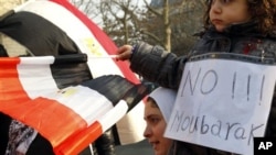 Demonstrators gather during a protest against Egyptian President Hosni Mubarak outside the Egyptian embassy in Paris, January 31, 2011
