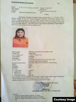 Poster Diana Aman alias Diana Chia, setelah buron 1,5 tahun, Diana ditangkap September 2018 di Sumatera Utara dan kini mendekam di penjara NTT dalam kasus TPPO (courtesy image)