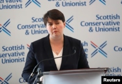 Ruth Davidson, leader of the Scottish Conservatives, addresses journalists in Edinburgh, Britain, June 9, 2017.