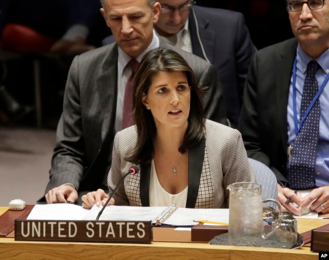 FILE - United States Ambassador to the United Nations Nikki Haley speaks during a U.N. Security Council meeting at United Nations headquarters in New York, Nov. 26, 2018.