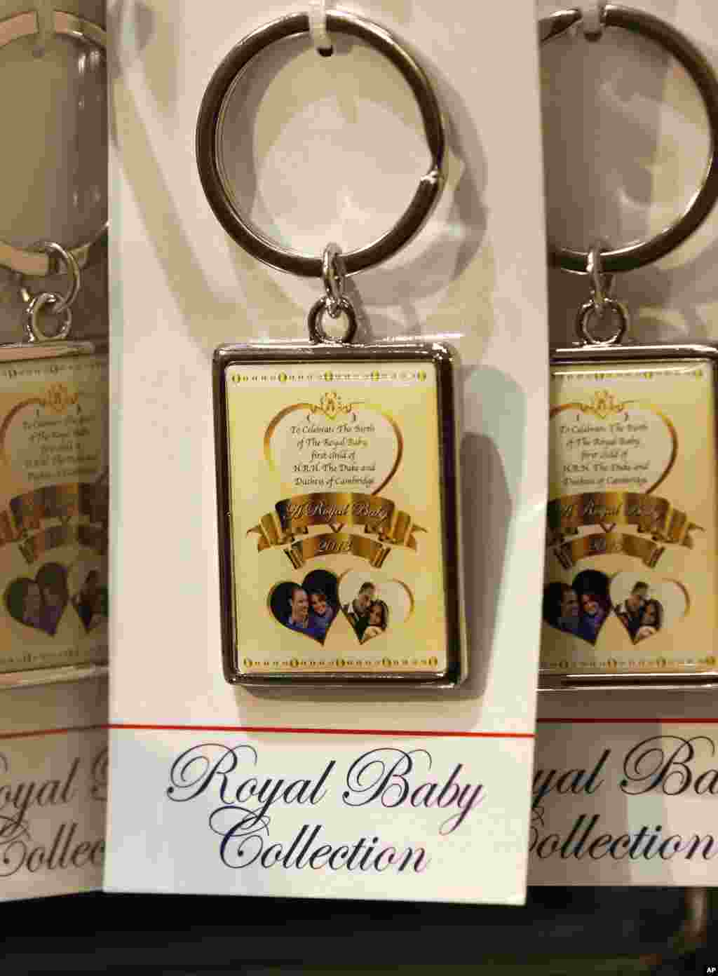Souvenir key rings to mark the forthcoming birth of Prince William and Catherine, Duchess of Cambridge&#39;s baby, are seen on display in a souvenir shop in London.&nbsp;