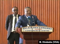 Cameroon Prime Minister Joseph Dion Ngute adresses English-speaking women in Yaounde, Cameroon, April 18, 2019.