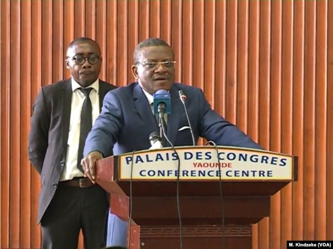 Cameroon Prime Minister Joseph Dion Ngute adresses English-speaking women in Yaounde, Cameroon, April 18, 2019.