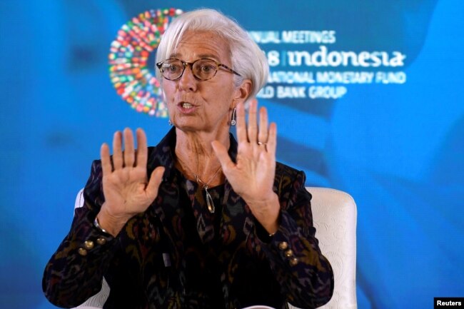 Direktur Pelaksana Dana Moneter Internasional (IMF) Christine Lagarde di Nusa Dua di Bali, Indonesia, 9 Oktober 2018.