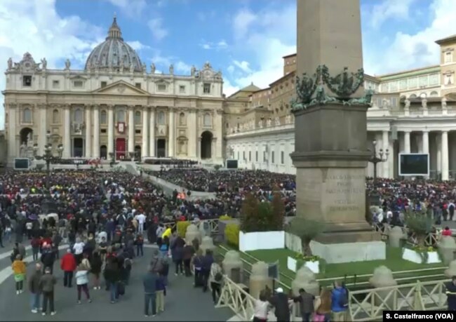 Faithful attending Palm Sunday Mass in Saint Peter's Square, at the Vatican, Apr. 14, 2019.