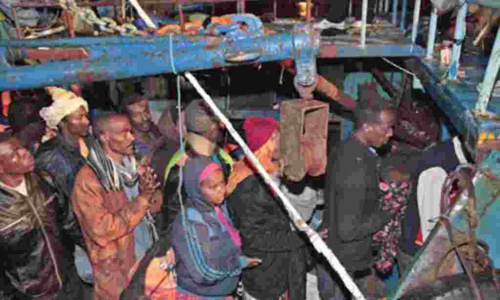 African refugees arrive in Lampedusa, Italy, fleeing from Lybia
