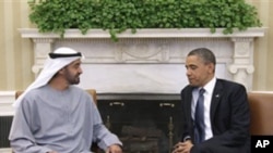 President Barack Obama meets with Sheikh Mohammed bin Zayed Al Nahyan of the United Arab Emirates, April 26, 2011, in the Oval Office of the White House in Washington