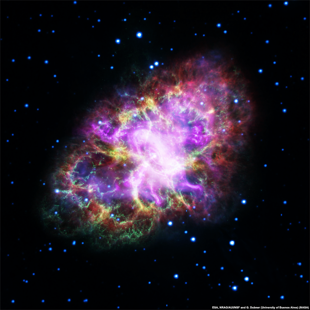 This composite image of the Crab Nebula, a supernova remnant, was assembled by combining data from five telescopes spanning nearly the entire breadth of the electromagnetic spectrum: the Karl G. Jansky Very Large Array, the Spitzer Space Telescope, the Hubble Space Telescope, the XMM-Newton Observatory, and the Chandra X-ray Observatory.