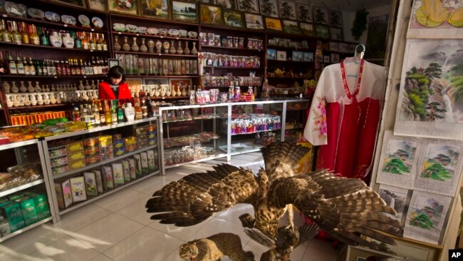 FILE - A North Korean woman stands behind the counter at a souvenir shop in Rajin, North Korea, inside the Rason Special Economic Zone. North Korea recently laid out new laws to facilitate foreign tourism and investment.