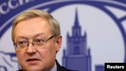 FILE - Russia's Deputy Foreign Minister Sergei Ryabkov speaks during a news briefing in the main building of Foreign Ministry in Moscow. 