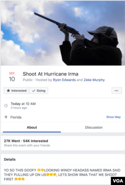 La page Facebook de l'événement qui encourage ironiquement de tirer sur l'ouragan Irma.