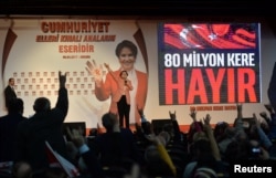 Meral Aksener, a former interior minister, makes a speech during a "Hayir" ("No") campaign meeting for the upcoming referendum in Ankara, Turkey, April 8, 2017.