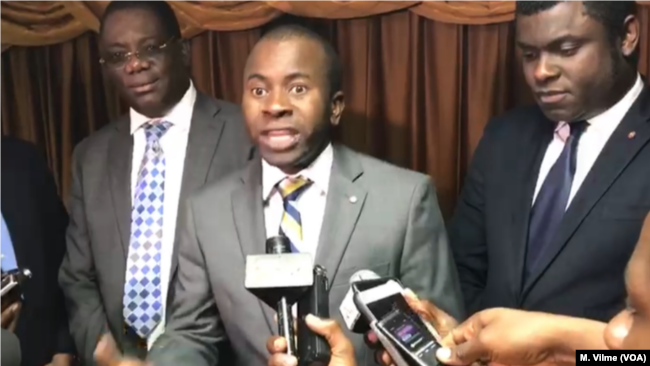 Sen. Jean Renèl Senatus discusses the Senate Justice and Security Commission’s investigation of Sen. Gracia Delva’s phone conversations with alleged gang leader Arnel Joseph in Port-au-Prince, Haiti, April 23, 2019.