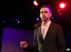 FILE - Twitter co-founder Jack Dorsey speaks at a fundraiser in New York. Twitter says on Jan. 25, 2016, that four executives are leaving the company.