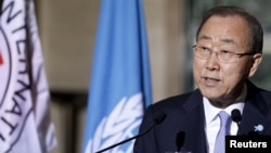 U.N. Secretary-General Ban Ki-Moon, speaking to reporters at U.N. European headquarters in Geneva, says the future of Syrian President Bashar al-Assad is for the Syrian people to decide, Oct. 31, 2015.