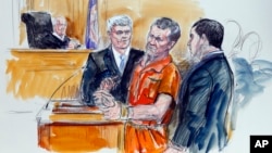 This artist rendering shows Irek Hamidullin, front center, his attorney Robert Wagner, front left, and interpreter Ihab Samra, front right, as judge Henry Hudson, left, listens in Federal Court in Richmond, Virginia, Nov. 7, 2014. 