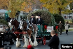 The official White House Christmas tree, a Wisconsin-grown tree provided by the Chapman family of Silent Night Evergreens, arrives at the White House for a welcome ceremony hosted by first lady Melania Trump and her son Barron in Washington, Nov. 20, 2017.