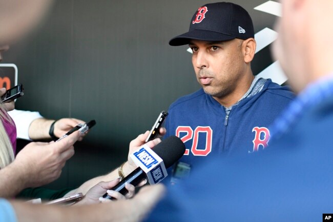 Boston Red Sox manager Alex Cora talks to reporters before a baseball game against the Baltimore Orioles in Baltimore, May 6, 2019.