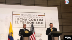 El presidente de Colombia, Iván Duque Márquez, ofreció una conferencia conjunta con el Secretario de Estado, Mike Pompeo, previo a la III Conferencia Ministerial Hemisférica de Lucha contra el Terrorismo, en la que estarán presentes delegados de más de 25 países. 