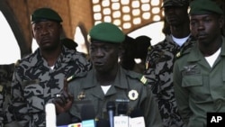 Mali's junta leader Captain Amadou Sanogo speaks during a news conference at his headquarters in Kati, April 3, 2012.